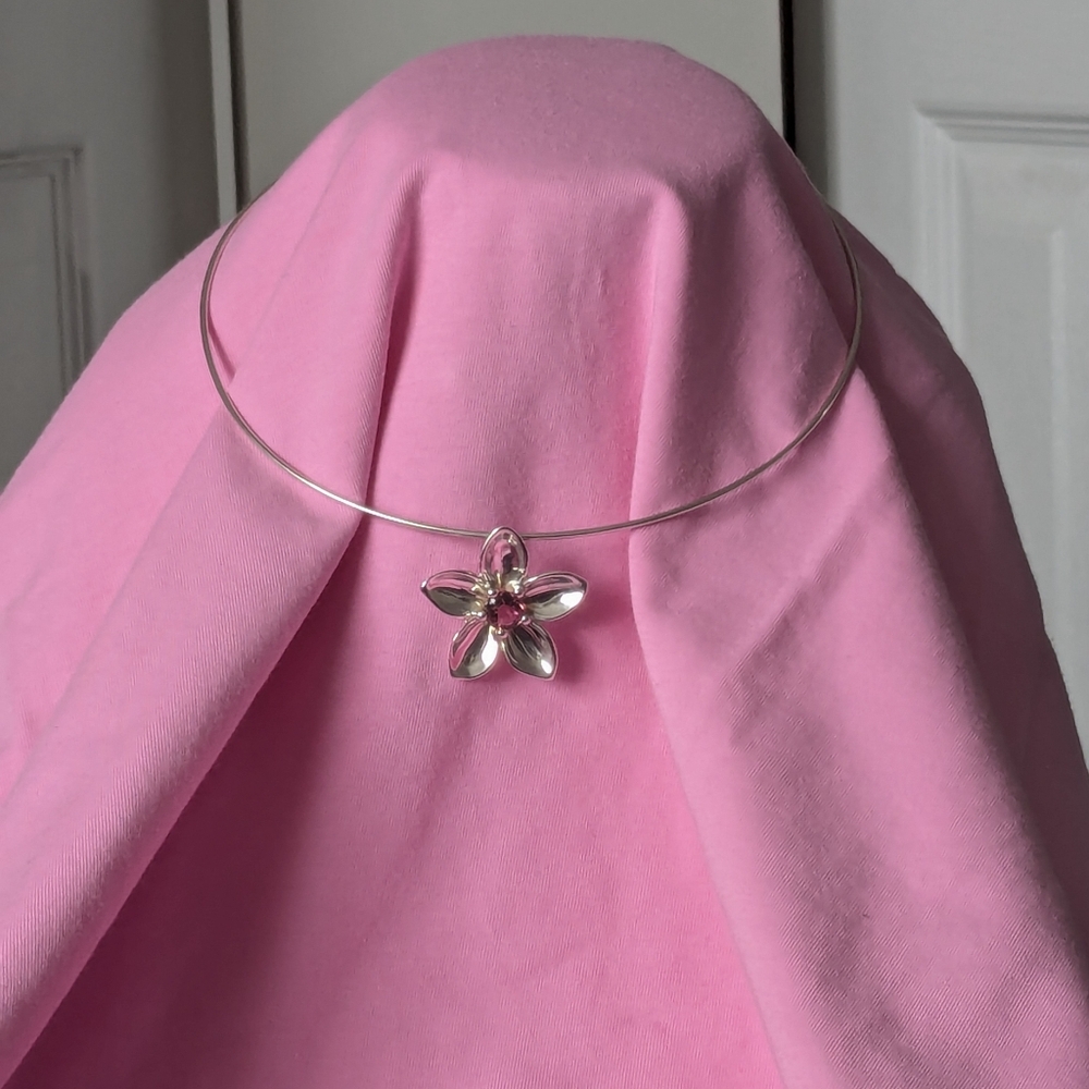TIFFANY & CO Sterling Silver Pink Tourmaline Flower Pendant Choker Necklace 2003 - Picture 4 of 15